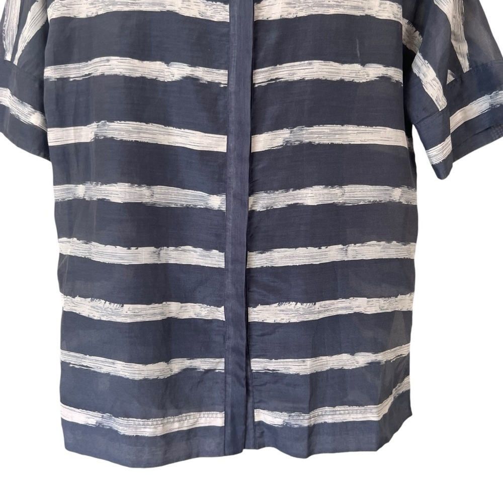 Lafayette 148 Cotton/Silk Blend Gray and White Striped Hi Low Blouse - Picture 3 of 12